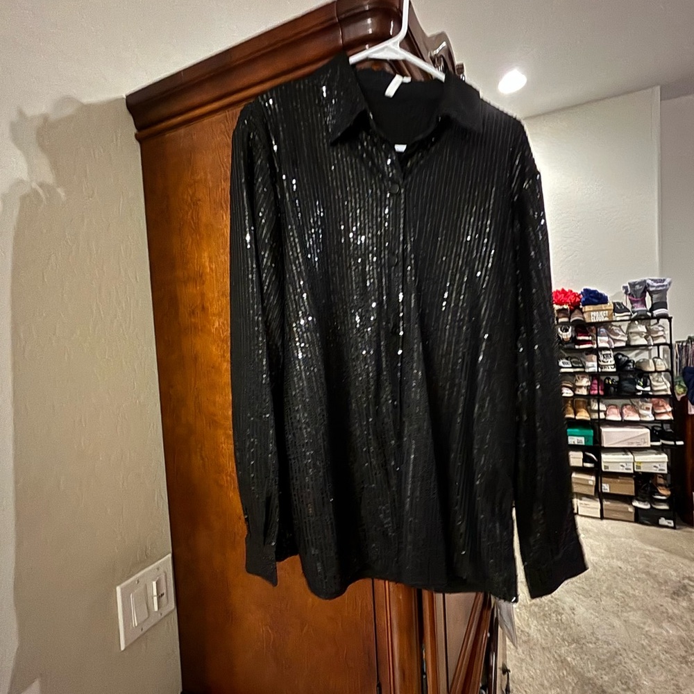 Black Sequin Button-Up Women's Blouse
